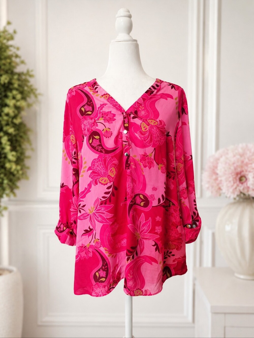 JM Collection Women's Pink Paisley Blouse Size Large